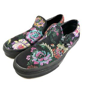 Vans Festival Satin Shoes 7.5 Black Floral Embroidered Slip On Loafer Womens